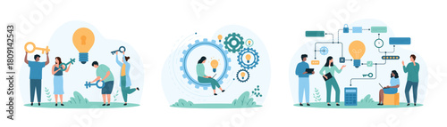 Business problem solving, productivity of solution set. Tiny people unlock access with key, moving gears mechanism with effective work, connect light bulb and tasks chart cartoon vector illustration