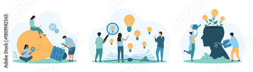 Support in creative idea development, quality analysis and mentorship set. Tiny people research flying light bulbs from open science book, growing lamps inside human head cartoon vector illustration