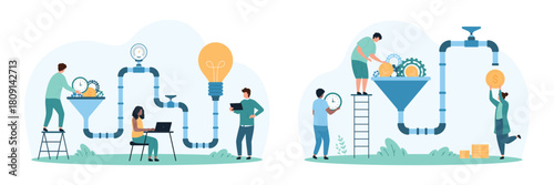 Idea creation and monetization process set. Tiny people work with funnel and pipeline with light bulb connection for business projects, make money with solution filter cartoon vector illustration