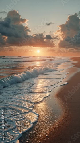 Sunset over calm ocean waves at serene beach location