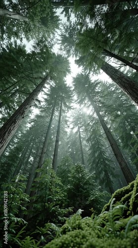Explore dense forest with tall trees and lush green moss