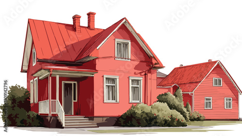 Vibrant Red House with a Red Roof and Front Porch