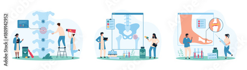 Chronic bone and ligament diseases, orthopedic diagnosis and treatment set. Tiny people examine xray of patients skeleton, hip joint and spine, ankle with inflammation cartoon vector illustration