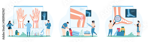 Orthopedic diseases of joints and bones, diagnosis and treatment set. Tiny people with magnifying glass research inflammation of injured human foot, wrists with inflammation vector illustration