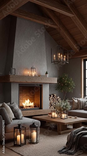 Cozy living room with fireplace and warm lighting in winter