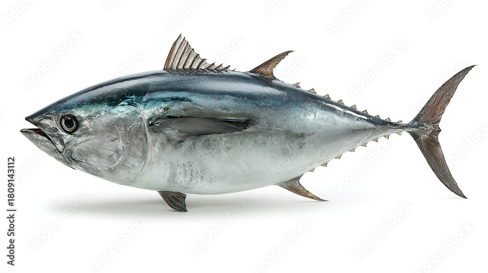 Fototapeta premium A whole fresh uncooked bluefin tuna fish with shimmering scales and fins isolated on a clean white background