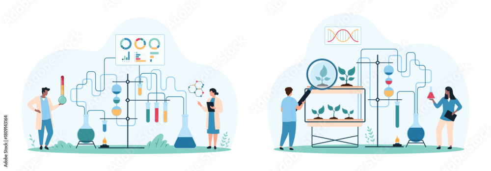 Fototapeta premium Chemistry, biology and biotechnology research set. Tiny people study with magnifying glass growing plants, reaction on reagents in test tubes, pipe system and lab burner cartoon vector illustration