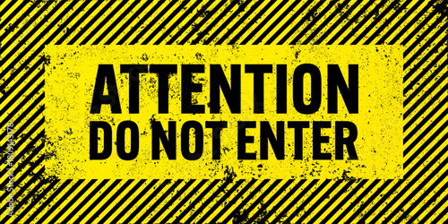 Warning sign with yellow and black diagonal lines. Attention, danger or caution symbol. Construction site signage, road safety notice, hazard banner, security alert shield. Vector illustration