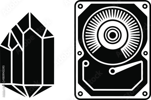 solid black crystal vs HDD size comparison icon, flat design, single shape, minimalist data storage symbol, archival crystal vs hard drive, transparent background, futuristic technology