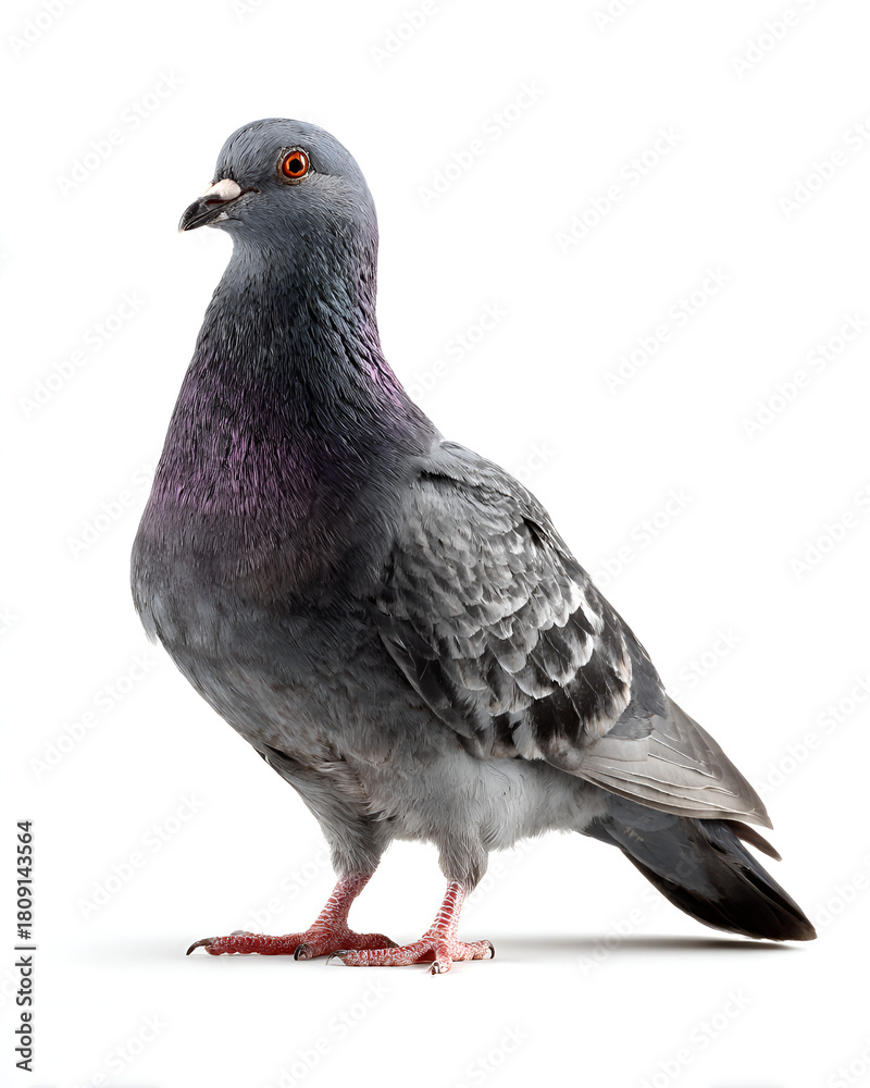 Fototapeta premium A single healthy rock dove pigeon with grey and purple iridescent neck feathers stands on a white background