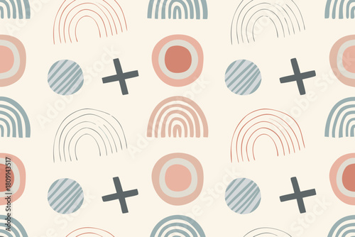 Soft Geometric Pattern with Rainbow Arcs, Circles, and Crosses on Cream abstract seamless