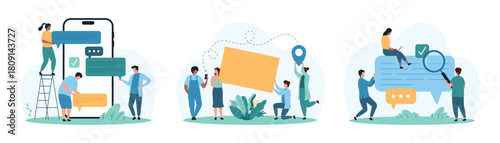 Chat and SMS notification, email delivery set. Tiny people research speech bubble with magnifying glass, holding envelope with letter and messages on mobile phone screen cartoon vector illustration