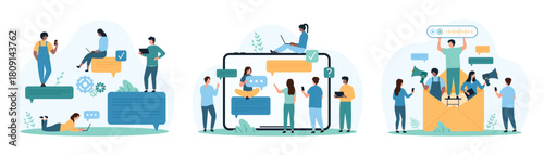 Chat communication via text and voice messages set. Tiny people send audio mail, holding push notification and speech bubbles of text SMS in messenger on tablet screen cartoon vector illustration