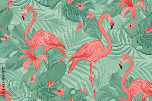 Tropical flamingo and palm leaf seamless pattern with pink flowers Keywords: flamingo, tropical, pattern, seamless, exotic, bird, wildlife, nature