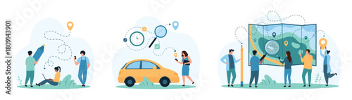 GPS navigation online, tracking service set. Tiny people search and find location or address on map, draw route to destination point with marker for city transportation cartoon vector illustration