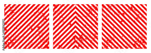 Warning sign with red and white diagonal lines. Attention, danger or caution symbol. Construction site signage, road safety notice, hazard banner, security alert shield. Vector illustration