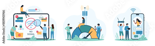 Wireless connection and access, speed test set. Tiny people measure internet signal with smart speedometer, examine weak or no network error message with magnifying glass cartoon vector illustration