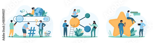 Customer review, data search optimization set. Tiny people work with hub network connection in structure of molecule, use browser bar with magnifying glass, rate experience cartoon vector illustration
