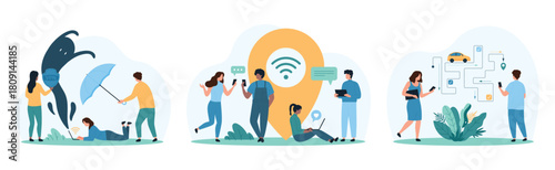 GPS navigation, VPN service set. Tiny people work with location pin for tracking online car route on city map, protect network and access with proxy server and umbrella cartoon vector illustration