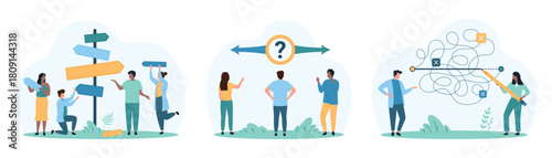 Making decision, answer to question choice set. Tiny people choose right or left path on crossroads with arrows, draw shortcut line with pencil to solve complicated problem cartoon vector illustration