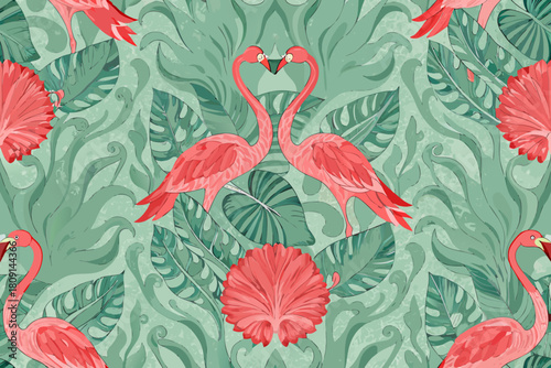 Two pink flamingos forming a heart shape amidst tropical leaves pattern foliage