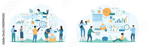 Business tasks management and strategy organization, schedule planning set. Tiny people study checkbox of event date with magnifying glass, manage digital data in planner cartoon vector illustration