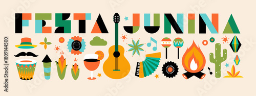 Festa junina poster with geometric pattern. Summer brazilian carnival banner with icons of music, lanterns, flowers, hats and flags. Geometric banner of june festival in Brazil, vector illustration