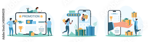 Loyalty program, and giveaway personalized product advertising set. Hand from phone screen holding gift box to give to tiny woman, contest with prizes from blogger cartoon vector illustration