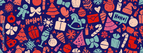 Christmas seamless pattern with crayon icons. Cute backdrop with Christmas tree, snowman, Santa hat and candy cane. Winter holiday items. Bright crayon gift box, snowflake, star and bell, vector illus