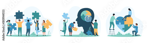 Creative thinking, success cooperation in problem solving set. Tiny people holding puzzle pieces, connect jigsaw parts in heart shape and in combination inside human head cartoon vector illustration