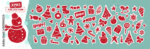 Christmas icons set with crayon texture. Cute sketch of Christmas tree, snowman, Santa hat and candy cane. Winter holiday items. Black crayon gift box, snowflake, star and bell, vector illustration