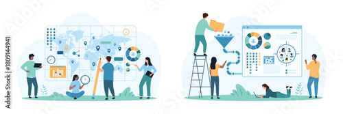 Sociology and marketing analysis set. Tiny people work with funnel for focus group, research data conversion in charts and global location of social groups on world map cartoon vector illustration