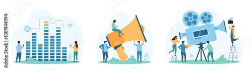 Public announcement, sound and video recording set. Tiny people announce loud voice message to audience with big megaphone, record film, listen audio with wave equalizer cartoon vector illustration