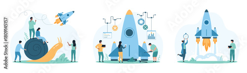 Advantages in business competition, leadership career growth set. Tiny people work to launch fast rocket into space, boost efficiency and better career start with efforts cartoon vector illustration