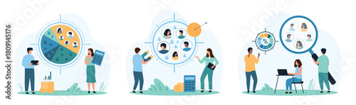 Target audience and focus group analysis set. Tiny people research customer survey results and clients profiles with magnifying glass, analyze segments of pie chart cartoon vector illustration