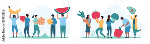 People holding healthy vegetables and fruit set for eating and cooking. Characters carry carrot tomato broccoli bell pepper avocado banana lemon apple orange watermelon cartoon vector illustration