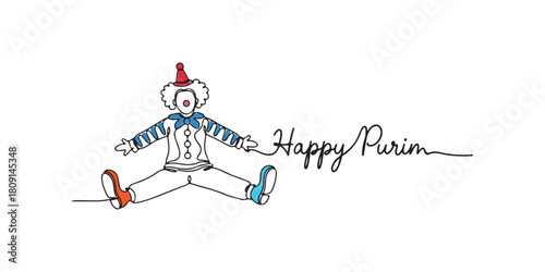 minimalist line art illustration of a clown with handwritten 'Happy Purim' text. The single continuous line design