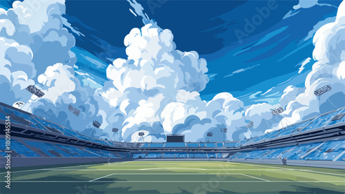 Soccer Stadium Under Blue Sky with Clouds Background
