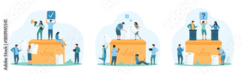 Election campaign, politics, referendum set. Tiny people with megaphone call to vote and elect politician, choose between candidates, voters put ballots in vote box cartoon vector illustration