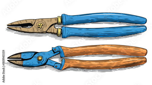 Professional Blue Handled Pliers with Brown Wooden Pair, Tool Illustration