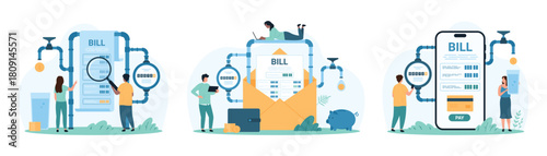 Payment for water supply, utility bill set. Tiny people check water consumption in household system with meter readings, pay for invoice in mobile app and paper letter cartoon vector illustration