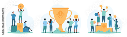 Success victory in challenge, first place in competition set. Tiny people win golden cup, quality stamp and star for first place in contest, celebrate trophy on podium cartoon vector illustration