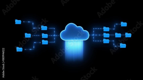 Cloud computing concept: managing digital data, files, folders. Secure, fast information transfer, storage, Modern technology, network, cybersecurity, motion video