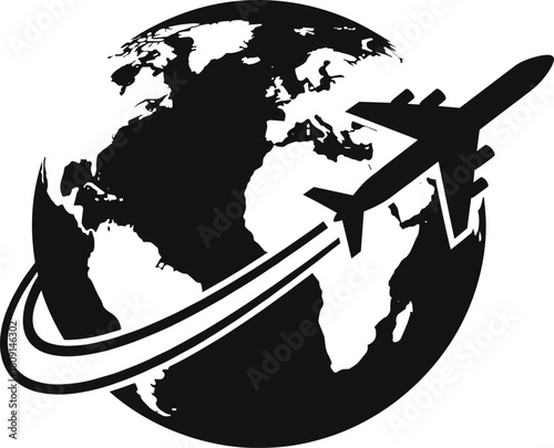 Stylized airplane flying around Earth globe vector illustration symbolizing global travel, international connectivity, aviation industry, tourism, and worldwide exploration.
