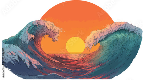 Serene Sunset Over Ocean With Wave in Foreground Vector