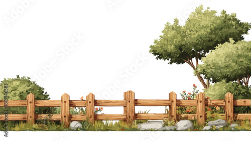 Rustic Wooden Fence Surrounding Lush Garden Landscape