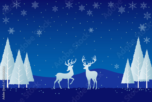 A festive Christmas scene of two reindeer silhouette standing in the center against a deep blue gradient background, with stylized white and bluish pine trees and snowflakes fall gently.