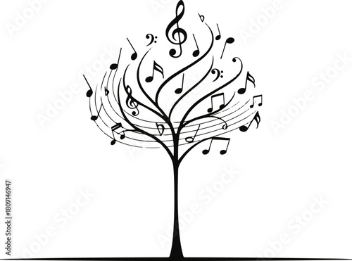 Minimal tree silhouette emerging from a simple horizontal ground line, with branches shaped like rhythmic musical notes
