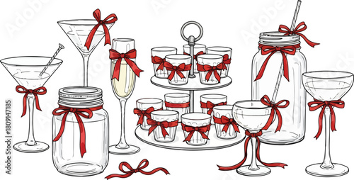 Elegant glassware collection with red ribbon accents