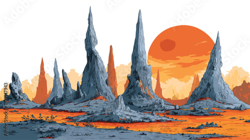 Alien Planet Spire Formations and Volcanic Sunset Vector